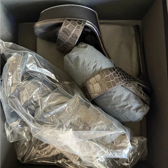 Black Croc-Embossed Leather Women's Sandals - Picture 10 of 12